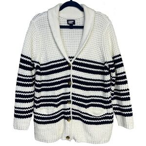Lands End XL Chunky Fisherman Rib Knit Navy Ivory Shawl Cardigan Nautical Sailor